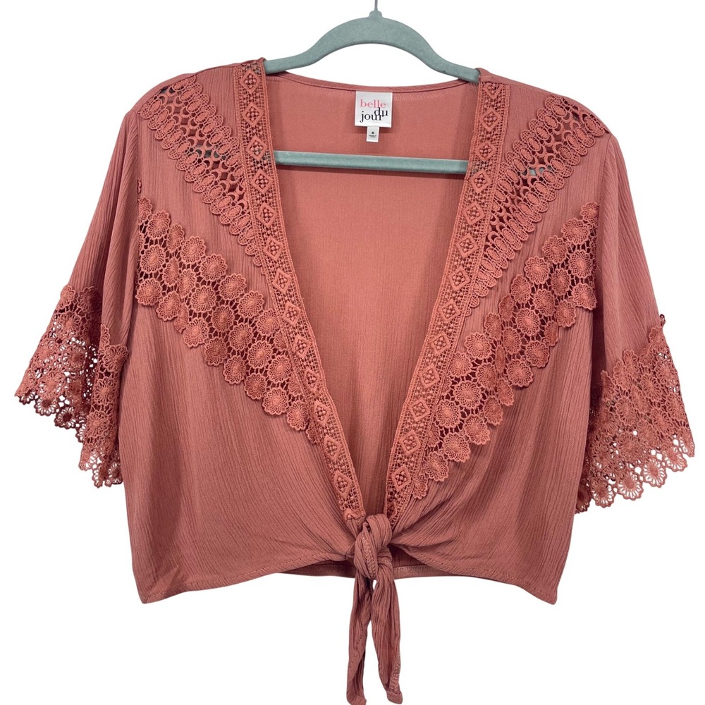 Belle du Jour Size Small Tie Front Crop‎ Top Pink Crochet Lace Boho Short Sleeve